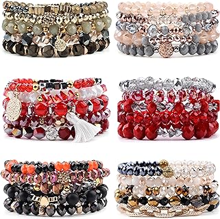 6 Sets Bohemian Stackable Beaded Bracelets for Women Stretch Multilayered Crystal Bracelet Muliticolor Glasses Bead Bracelets Set