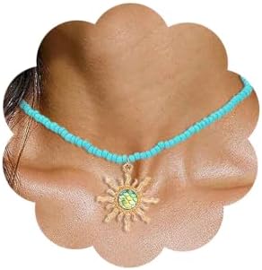 Alloy Clasp Crystal Bead Sun Pendant Necklace - Opal Hippie Seed Bead Design for Women and Girls