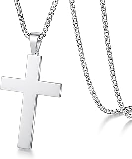 jiamiaoi Cross Necklace for Men Titanium Mens Cross Necklace 316L Stainless Steel Cross Pendant Necklace in Color Silver/Black/Gold, Pendant 2.42Inches * 1.53Inches, Chain 22Inches-26Inches