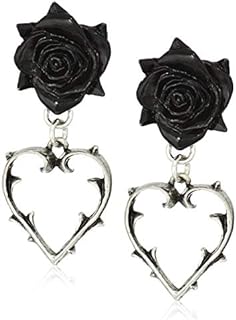 Pewter Push Back Blood Drop Earrings - Alchemy Gothic Wounded Love Design with Black Rose & Thorned Heart – Unisex Gothic Stud Earrings