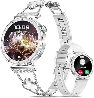 Bunny Kachu レディース向けスマートウォッチ、1.19インチAMOLED画面、IP68防水で通話や通知が可能。2種ベルト付きでおしゃれ。