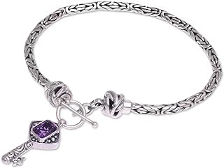 Indonesian Handcrafted Amethyst Charm Bracelet with Sterling Silver Toggle Clasp and Box Chain 'Beauty Unlocked'