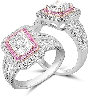DovEggs Moissanite Rings for Women 2ct Center 6x8mm GHI Radiant Cut Moissanite Lab Grown Engagement Ring Double Halo Solitaire Wedding Ring Pink Sapphire Accents 14K Gold QUALITY Silver Two Tone