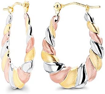 Cubic Zirconia Embellished 14K Tri-Color Gold Twisted Shrimp Hoop Earrings with Click-Top for Women, Designed for Sensitive Ears