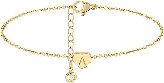 GUEMER Women's Gold Anklet with Heart Charm & Sideways Initial 'A' Detail - 14K Gold Plated, Adjustable, Dainty Chain - Personalized Beach Jewelry Gift from China