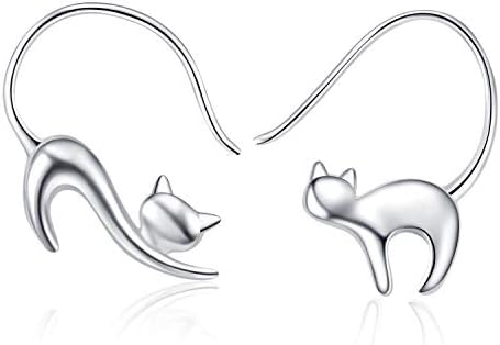 Sterling Silver Cat Dangle Earrings with Lever Back Design for Women and Girls - Black Onyx Hoop Shaped Earrings - Perfect Christmas Gifts