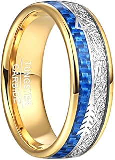 LINGMEI 8mm Men's Ring Tungsten Rings for Men Wedding Bands inlaid Blue Carbon Fiber and Meteorite with Sliver Arrow Promise Rings for Men Engagement Ring Size 7-12