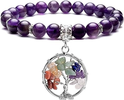 Top Plaza Healing Crystals Beaded Bracelet 7 Chakra Yoga Meditation Stone Bracelets Tree of Life Stretch Bracelet for Women Girls