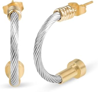 Designer Twisted Cable Wire Hoop Earrings Two Toned Stainless Steel Nail Hoop Earrings for Women Gift