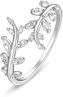 FOREVER QUEEN Olive Leaf Cubic Zirconia Ring - Adjustable Sterling Silver Band with 18K Gold Plating - Ideal Gift for Women and Girls