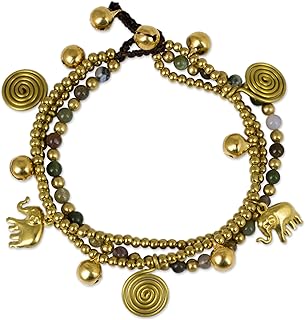 NOVICA Artisan Handmade Jasper Charm Bracelet Brass Beaded Green Gold Tone Thailand Animal Themed Bohemian 'Colorful Siam Elephants'