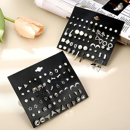 60 Pairs Gold Tone Stud Earrings for Women Men Triangle Square Circle Bar Star Moon Geometric Leaf Arrow Bow CZ Ball Faux Pearl Earrings Set