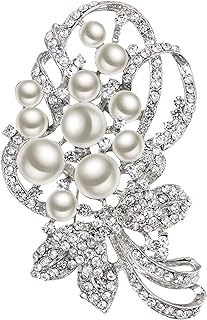 EVER FAITH Bridal Bouquet Ivory Color Simulated Pearl Brooch Pendant Clear Austrian Crystal
