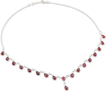 NOVICA Artisan Handmade Garnet Waterfall Necklace .925 Sterling Silver Red India Birthstone 'Scarlet Droplets'
