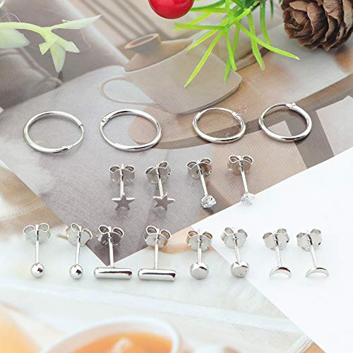 8 Pairs Sterling Silver Stud Earrings Sets for Women Men 14K Gold Plated Tiny Ball Dot Star Moon Bar CZ Stud Earrings Lightweight Small Huggie Hoops Cartilage Earrings Sets for Multiple Piercing Hypoallergenic