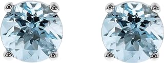 14K White Gold & Genuine Aquamarine Stud Earrings for Women, Round-Cut Diamonds, Hand-Crafted by Gin & Grace