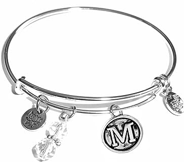 Hidden Hollow Beads Initial Expandable Wire Bangle Bracelet, in the Popular Style (M)