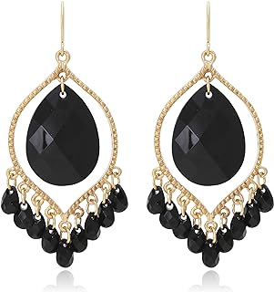 Black and Gold Rhombus Boho Chic Dangle Earrings with Multi-Bead Tassel for Women by Bonaluna