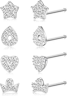 ZZHDCC 8-12Pcs Nose Rings 20G 925 Sterling Silver Nose Ring For Women Butterfly Halo L Shaped Nose Stud CZ Star Heart Straight Nose Studs Nose Piercings Nostril Body Jewelry