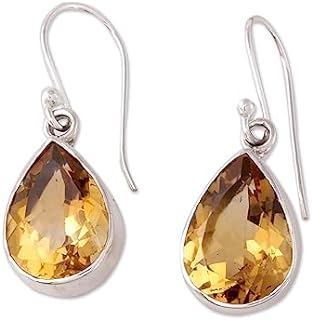NOVICA Artisan Handmade Citrine Dangle Earrings 9carat Teardrop from India Sterling Silver Gemstone [1.3 in L x 0.4 in W x 0.2 in D] ' Yellow Glimmer'