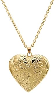 Vintage Engraved Flower Locket Picture Pendant Necklace Antique Carved Pattern Oval Heart Pendant Necklace For Women Girls Hold Picture Souvenir Memorial Jewelry(Gold Heart 2)