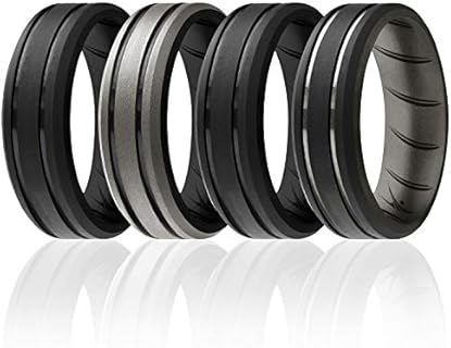 ROQ Silicone Rubber Wedding Ring for Men, Comfort Fit, Men's Wedding & Engagement Band, 8mm Wide 2mm Thick, 2 Thin Lines Beveled Edge Duo, 4 Pack, Black, Dark Gray, Silver, Size 8