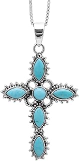 Spring Ring Clasp Turquoise Cross Pendant Necklace with Adjustable Box Chain in 925 Sterling Silver for Women, Choice of Circle, Cross or Teardrop Design