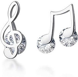 Crystal Music Note Small Sterling Silver Stud Earrings for Women Girls CZ Tiny Cute Asymmetrical Treble Clef Studs Cartilage Dainty Jewelry Birthday Christmas Valentine Gifts