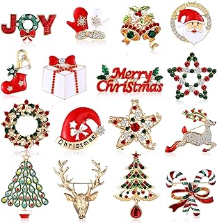 16 Pcs Christmas Brooch Pins for Women Xmas Rhinestone Brooch Pins Santa Crystal Enamel Pins for Christmas Gift