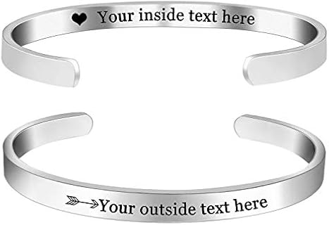 Lobster Claw Clasp Engraved Cuff Bracelet in Stainless Steel with Box Chain for Women, Personalized Double-Side Engraved Amlion Bracelet