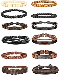 Braided Chain & Bead Chain Wooden Bead Bracelet Set in Stainless Steel for Men - Jstyle 12Pcs Adjustable & Stylish Bracelets