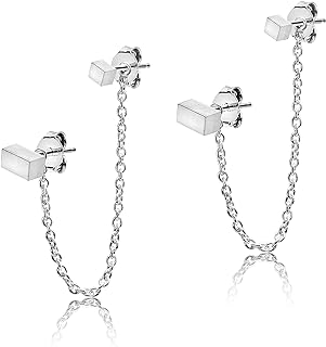 Pinari 2 Pairs of Tiny Cube & Bar Studs Earrings with Detachable Chain – 925 Sterling Silver Chain Earrings Double Piercing – Studs for Second Hole Set - Gift Pounch Included