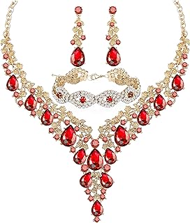 Lobster Clasp Red Clip-on Austrian Crystal Earrings and Jewelry Set for Women, Perfect for Weddings, Prom, and Special Events
