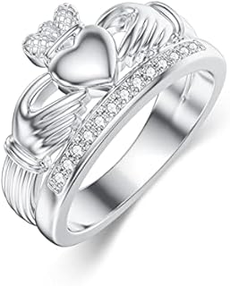 White Gold Plated Sterling Silver Diamond Claddagh Ring for Women, Irish Love Loyalty Friendship Design, Size 4-11, Perfect Gift for St. Patrick's Day, Birthdays or Anniversaries