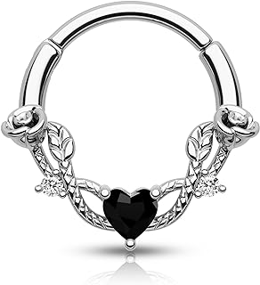 Gothic Nose Ring with Cubic Zirconia for Women, Heart & Rose Design Stainless Steel Septum Ring, Ideal for Septum, Daith, Helix, and Cartilage Piercings