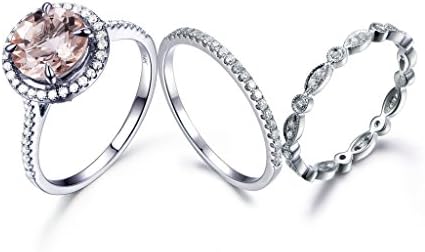3pcs Anniversary Rings Set,8mm Round Cut Peach Pink Morganite Halo Ring Diamond Eternity Matching Bands