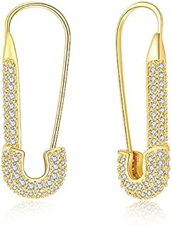 Safety Pin Hoop Earrings 14K Gold Plated Cubic Zirconia Cartilage Dangle Earrings Jewelry Gift for Women