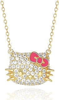 Hello Kitty Sanrio Womens Cubic Zirconia Face Necklace 18" Official License, Flash Plated Sterling Silver Necklace