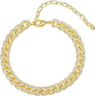 kelistom 18K White Gold Plated Cuban Link Anklet for Women Teen Girls Men, Iced Out Rhinestones Filled Chain Ankle Bracelets for Women with Paperclip Extension