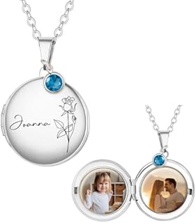 Personalized Heart Necklace with Picture inside Custom Locket Necklace for Women Girl Kids Engraved Birth Flower Text for Heart Locket Necklace Gold/Silver/Rose Gold Christmas Birthday Gifts