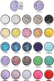 Ofeiyaa 25 Pairs Faux Druzy Stud Earrings Stainless Steel Glitter Round Stud Earring Bohemian Bling Multi-Colorful Pierced Earrings Jewelry Set For Women 6-8-10-12mm
