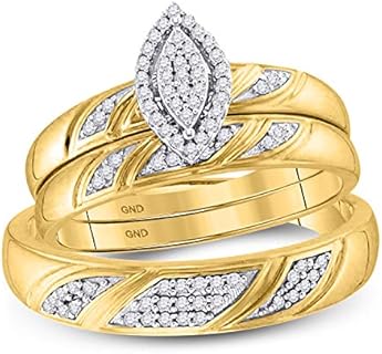 His and Hers Bridal Womens and Mens Engagment and Wedding Band Complete Trio Matching Wedding Rings Set 10k Yellow Gold Diamond Trio Wedding Engagement Bridal Ring Set 1/4 Cttw