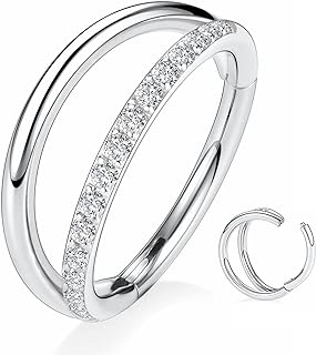 Stainless Steel Nose Ring and Hoop Piercing with Cubic Zirconia Gem, Triple/Double Seamless Hinge Design - Yaoyaoyors 20G-14G Septum Clicker, Daith Spiral Hoop Cartilage Earring Set of Various Diameters
