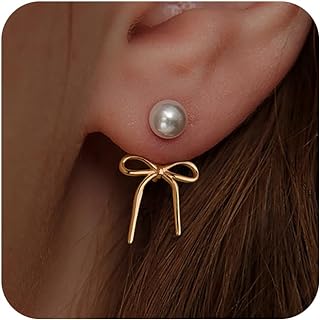 14K Gold Plated Huggie Pearl Earrings with Bow Dangle Design for Women, Hypoallergenic Brass-Made, Classic Twist Rope Cubic Zirconia Addition, Perfect for All Occasions