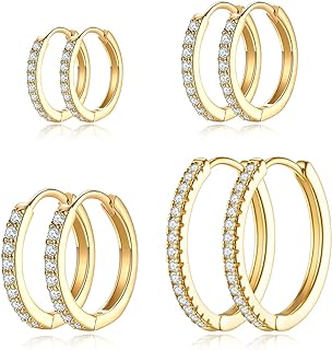 Gold Hoop Earrings For Women Cubic Zirconia Hoop Earrings Set Small Huggie Hoops Earrings Set for Girls Fashion Jewelry (4 Sizes)