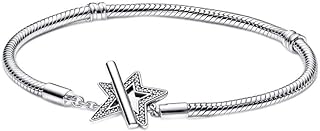 Lobster Claw-Clasp Sterling Silver Chunky Charm Bracelet - Snake Chain Cubic Zirconia Accents - For Women - Pandora Moments Asymmetric Star Design