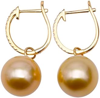 JYX Pearl Earrings 18K Yellow Gold Hook AAA+ Genuine 11mm Round Golden South Sea Cultured Pearl Drop Earrings dotted with Shiny Diamonds for Women