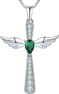 YL Cross Necklace 925 Sterling Silver Angel Wings Pendant Teardrop Cubic Zirconia Criss Jewelry