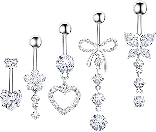 Charming 14G Stainless Steel Belly Button Rings with Glittering Pink Cubic Zirconia, Heart, Flower, Bow and Butterfly Designs for Fashion-Forward Women
