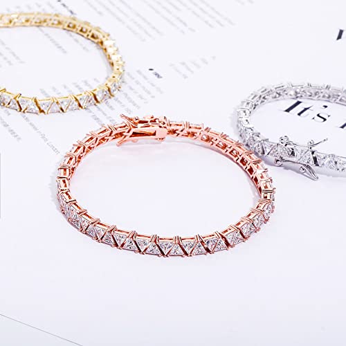 JINAO 4MM Double Triangular Cut Link Tennis Chain Bracelet 18K Real Gold Plated Iced Out Cubic Zirconia Triangle Cut Tennis Bracelet for Men Women